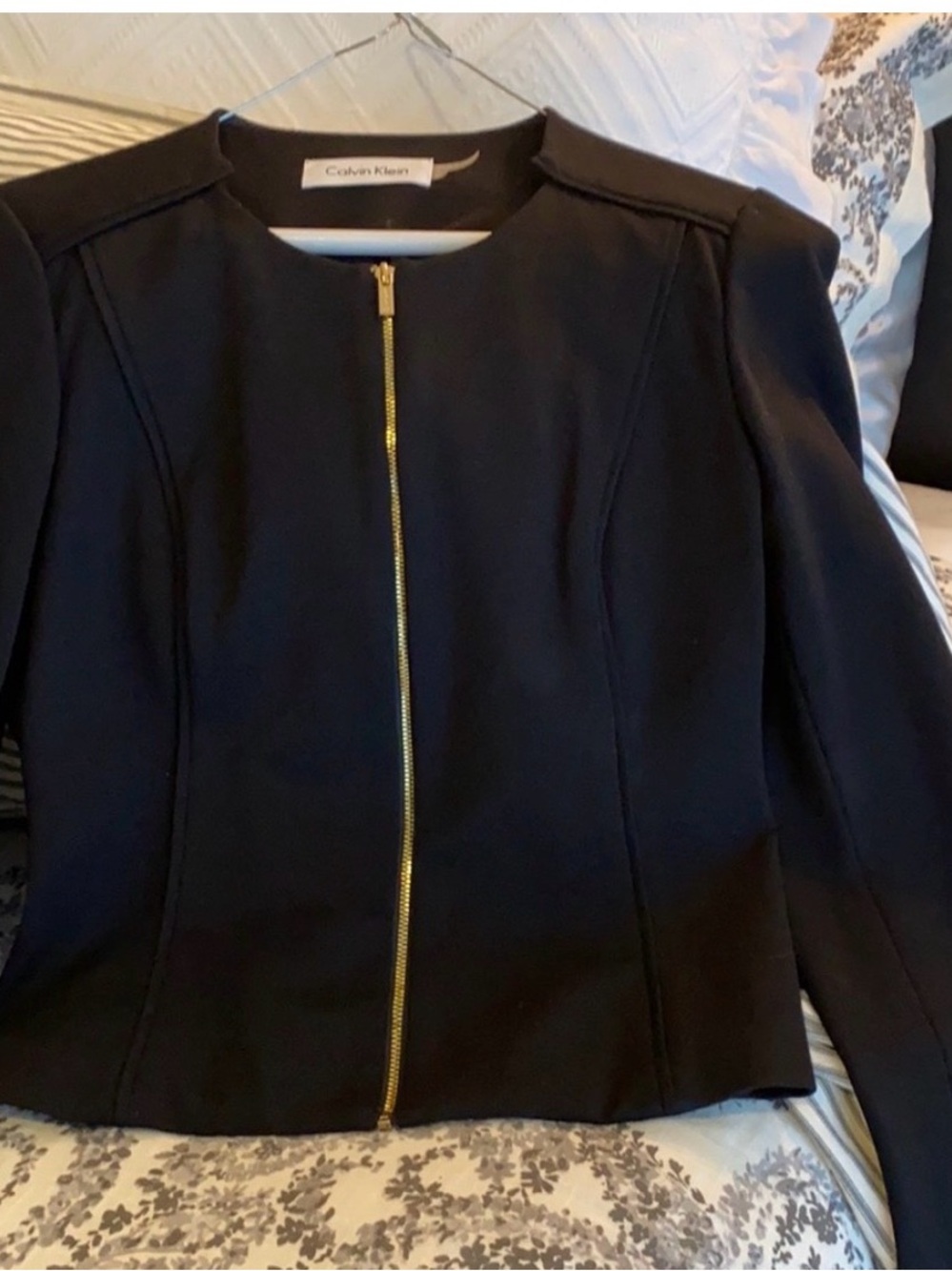 Calvin Klein Black Zip-Front Blazer with Gold Hardware